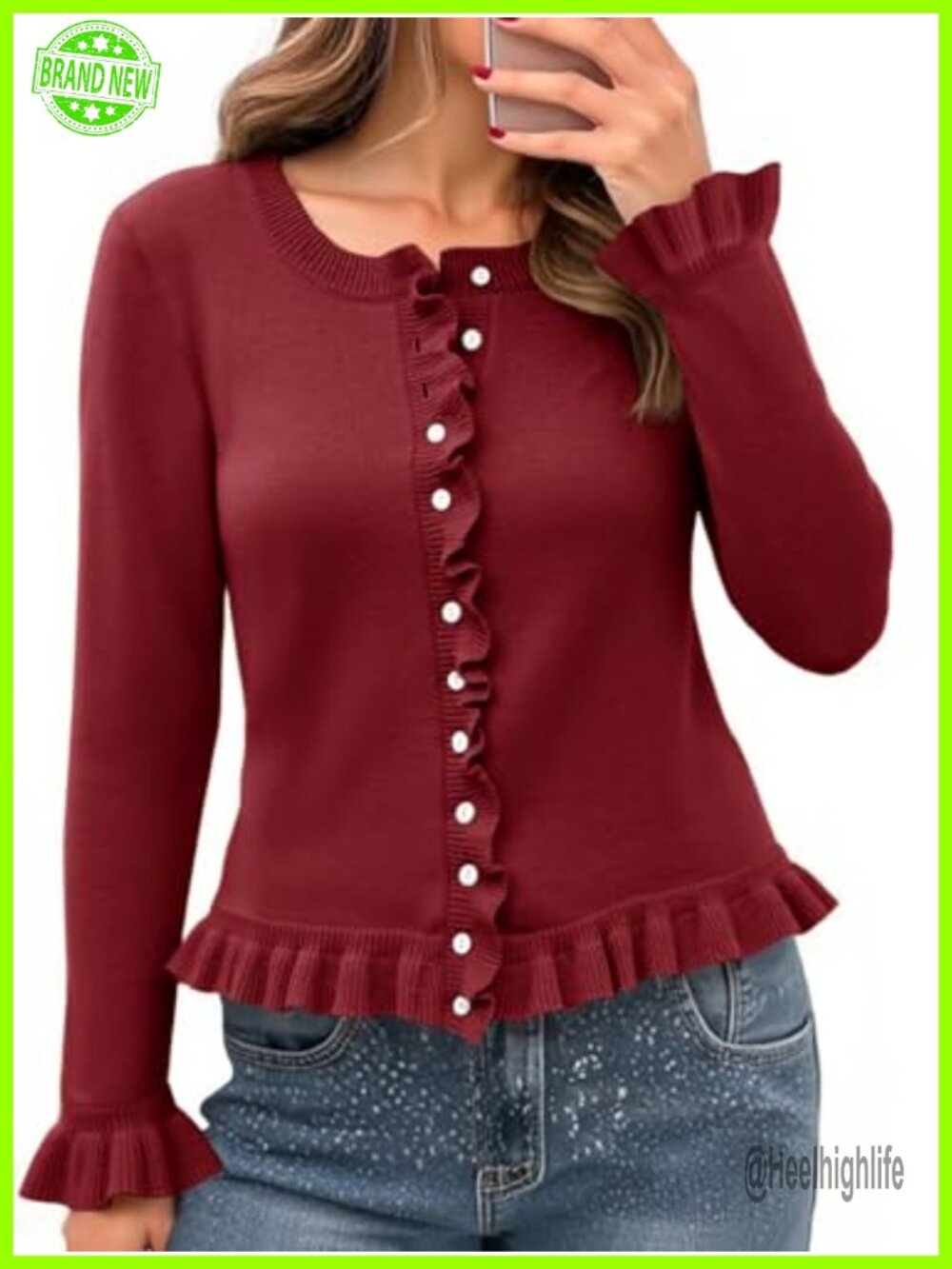Women's Cropped Ruffle Cardigan Button Down Long Sleeve Knit Sweater